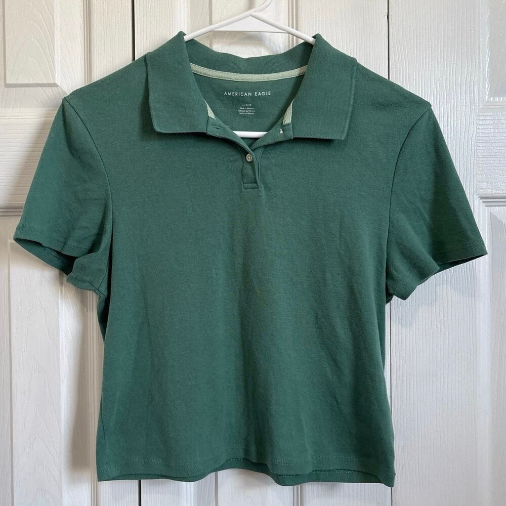 American Eagle Green Preppy Cropped Polo Shirt Size Large